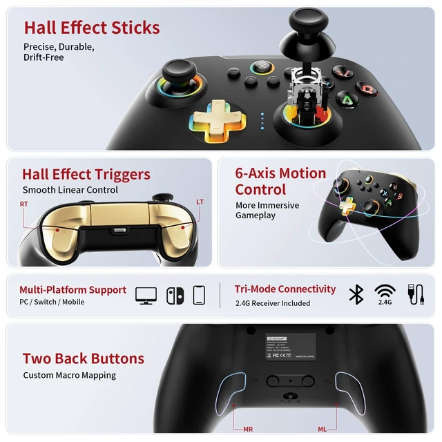 Alt view image 3 of 7 - N10 Wireless Controller for Switch, PC, iOS & Android, Black | Hall Effect Joysticks, 1000Hz Polling, Bluetooth, 2.4G & Wired Modes, RGB Lighting, Back Buttons, Turbo, Motion Control