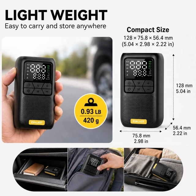 Alt view image 2 of 7 - Tire Inflator, Portable Air Compressor, 150 PSI Cordless Air Pump | 420g lightweight design, 19.24Wh battery, 20 L/min airflow, auto shut-off, and 5 modes for car tires, bikes, and balls.