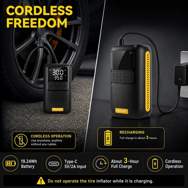Alt view image 6 of 7 - Tire Inflator, Portable Air Compressor, 150 PSI Cordless Air Pump | 420g lightweight design, 19.24Wh battery, 20 L/min airflow, auto shut-off, and 5 modes for car tires, bikes, and balls.