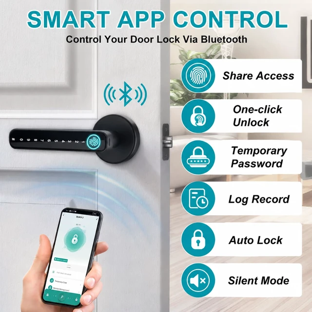 Alt view image 2 of 7 - Fingerprint Door Lock Smart Biometric Door Knob with Handle for Bedrooms | Keyless Entry Door Locks with Auto-lock, APP Control, 100 Fingerprint, 200 Passcode, IC Card, Keys, Home Apartment Hotel