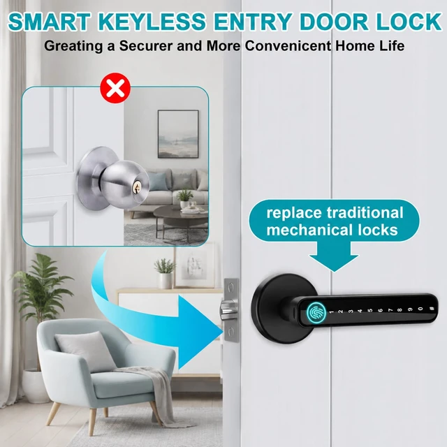 Alt view image 5 of 7 - Fingerprint Door Lock Smart Biometric Door Knob with Handle for Bedrooms | Keyless Entry Door Locks with Auto-lock, APP Control, 100 Fingerprint, 200 Passcode, IC Card, Keys, Home Apartment Hotel
