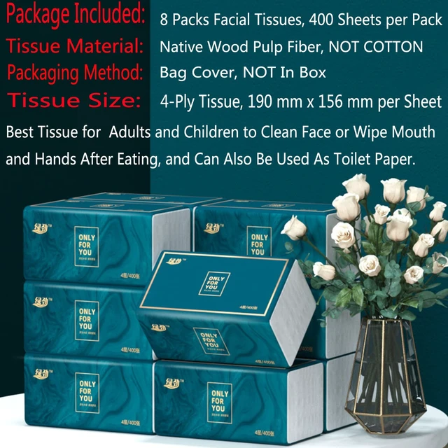 Alt view image 3 of 7 - 8 Packs Disposable Facial Tissue, Toilet Paper, Native Wood Pulp Fiber Material, Soft Facial Napkin, White Facial Paper Tissue, 4-Ply, 400 Sheets per Pack