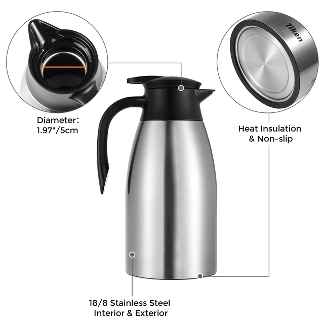 Alt view image 4 of 7 - 68 Oz Thermal Coffee Carafe, Stainless Steel Insulated Vacuum Coffee Carafes For Keeping Hot, 2 Liter Beverage Dispenser (Silver)