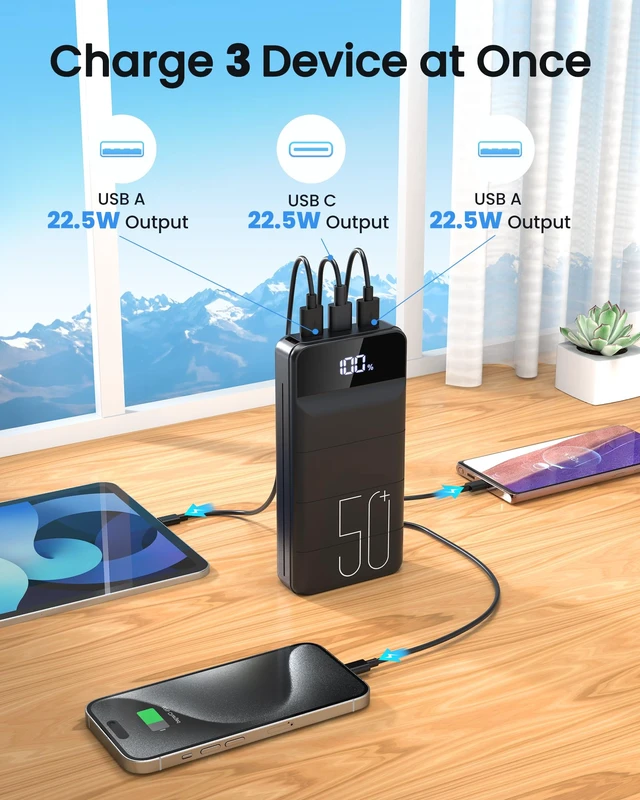 Alt view image 4 of 7 - Power Bank 50000mAh 22.5W Fast Charging Portable Charger, USB C Quick Charge with 3 Outputs & 2 Inputs, LED Display, Huge Capacity External Cell Phone Battery Pack for iPhone, Samsung, iPad