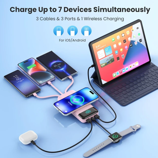 Alt view image 3 of 7 - Wireless Portable Charger 40800mAh for iPhone with Built-in Cables, Wireless Charging USB C Power Bank,25W PD Fast Charging Travel Essential Battery Pack for iPhone 17/16/15,Android-Pink