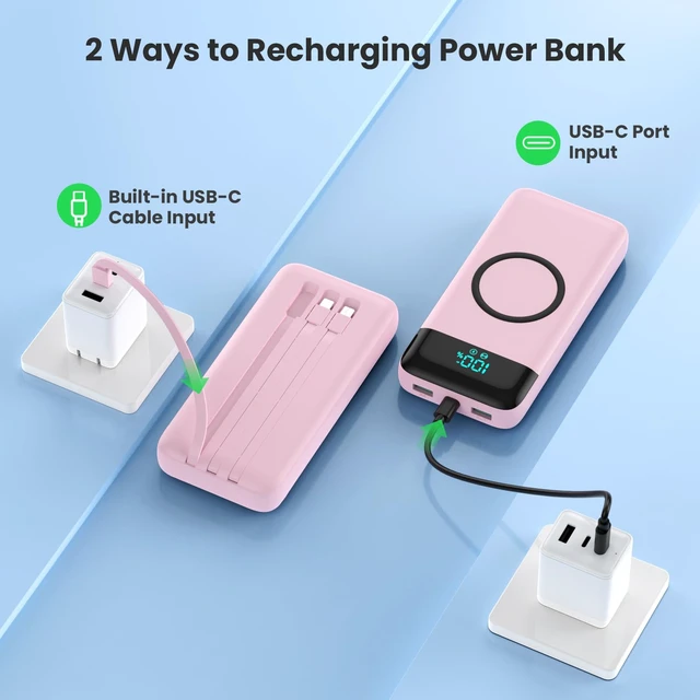 Alt view image 4 of 7 - Wireless Portable Charger 40800mAh for iPhone with Built-in Cables, Wireless Charging USB C Power Bank,25W PD Fast Charging Travel Essential Battery Pack for iPhone 17/16/15,Android-Pink