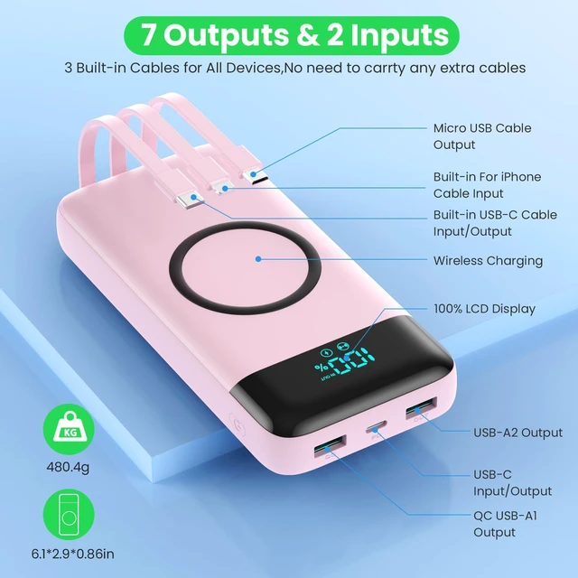 Alt view image 5 of 7 - Wireless Portable Charger 40800mAh for iPhone with Built-in Cables, Wireless Charging USB C Power Bank,25W PD Fast Charging Travel Essential Battery Pack for iPhone 17/16/15,Android-Pink