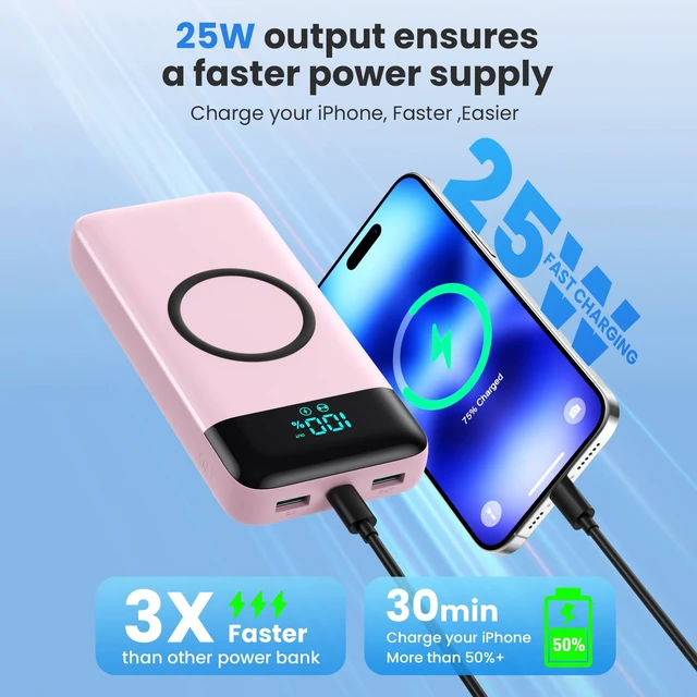 Alt view image 6 of 7 - Wireless Portable Charger 40800mAh for iPhone with Built-in Cables, Wireless Charging USB C Power Bank,25W PD Fast Charging Travel Essential Battery Pack for iPhone 17/16/15,Android-Pink