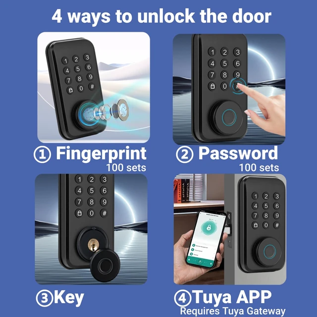 Alt view image 3 of 7 - Keyless Smart Door Lock, 4-in-1 Access, App Enabled | 4 ways: fingerprint, password, key, Tuya app. Fits 35-55mm doors. Keyless entry for interior/wooden doors. Easy install