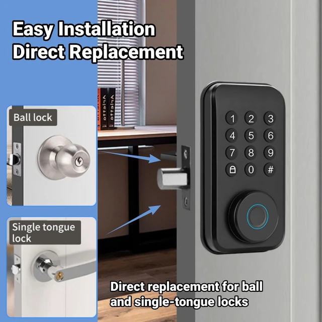 Alt view image 2 of 7 - Keyless Smart Door Lock, 4-in-1 Access, App Enabled | 4 ways: fingerprint, password, key, Tuya app. Fits 35-55mm doors. Keyless entry for interior/wooden doors. Easy install