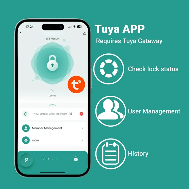 Alt view image 6 of 7 - Keyless Smart Door Lock, 4-in-1 Access, App Enabled | 4 ways: fingerprint, password, key, Tuya app. Fits 35-55mm doors. Keyless entry for interior/wooden doors. Easy install