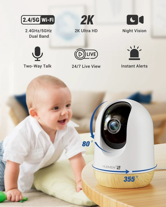 Alt view image 2 of 7 - 5G WiFi Indoor Security Camera No Subscription, Pet Camera with Phone App, Baby Monitor WiFi Smartphone, 2K Night Vision Pan-Tilt Dog Cam, Auto Tracking, 2-Way Audio, SD or Cloud Storage