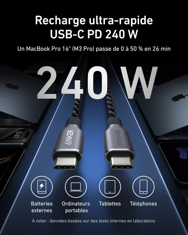 Alt view image 2 of 6 - Prime USB C to USB C Cable, 240W Fast Charging Durable Cable (6 ft) | USB 2.0 Upcycled-Braided Nylon, 100-Year Bend Durability for iPhone 18 / 17 Series, MacBook, Galaxy, and More