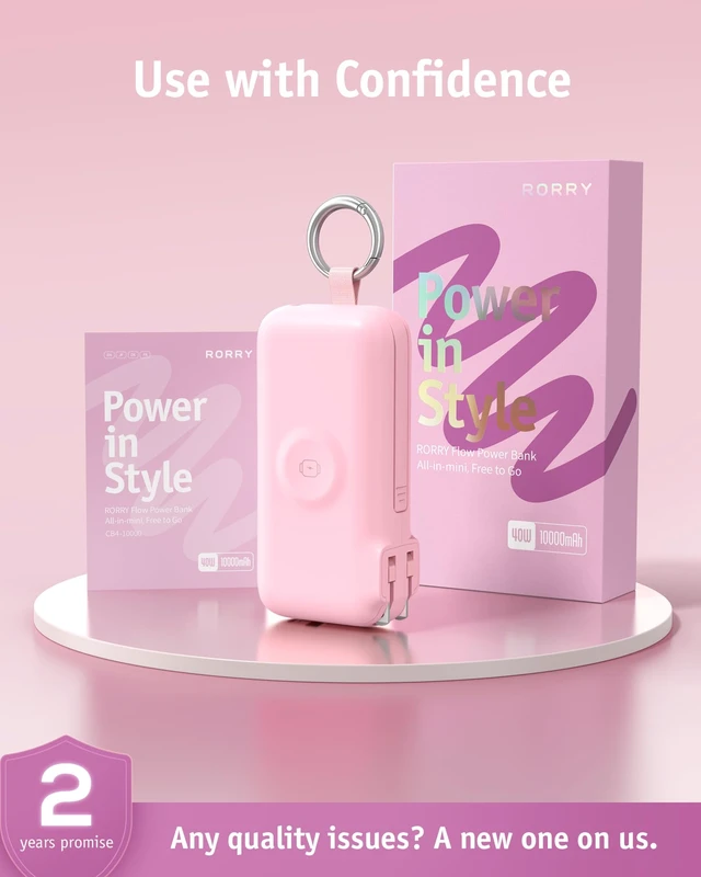 Alt view image 2 of 7 - RORRY Flow Portable Charger 10000mAh 40W Wall Plug Power Bank Battery Pack | Built-in USB-C Cable, Keychain Design, Fast Charging, for iPhone 18 Pro/17/16/15, Apple Watch, iPad, Travel Essential