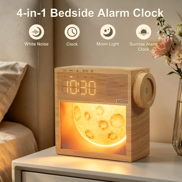 Alt view image 2 of 7 - Sunrise Alarm Clock, White Noise Sound Machine, Bedroom Dimmable Moon Lamp | 20 Soothing Sounds, Snooze, Plug in Dual Alarms Digital Clock with Gentle