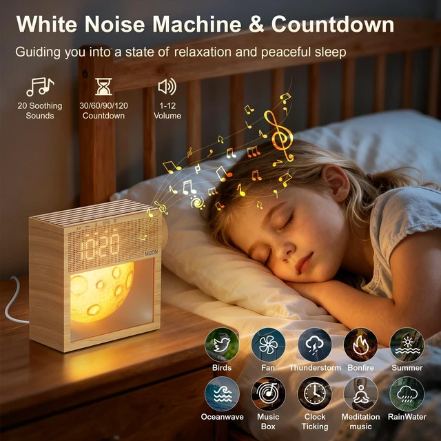 Alt view image 3 of 7 - Sunrise Alarm Clock, White Noise Sound Machine, Bedroom Dimmable Moon Lamp | 20 Soothing Sounds, Snooze, Plug in Dual Alarms Digital Clock with Gentle