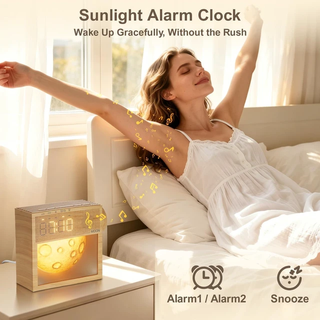 Alt view image 4 of 7 - Sunrise Alarm Clock, White Noise Sound Machine, Bedroom Dimmable Moon Lamp | 20 Soothing Sounds, Snooze, Plug in Dual Alarms Digital Clock with Gentle