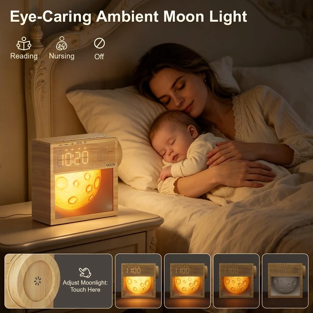 Alt view image 5 of 7 - Sunrise Alarm Clock, White Noise Sound Machine, Bedroom Dimmable Moon Lamp | 20 Soothing Sounds, Snooze, Plug in Dual Alarms Digital Clock with Gentle