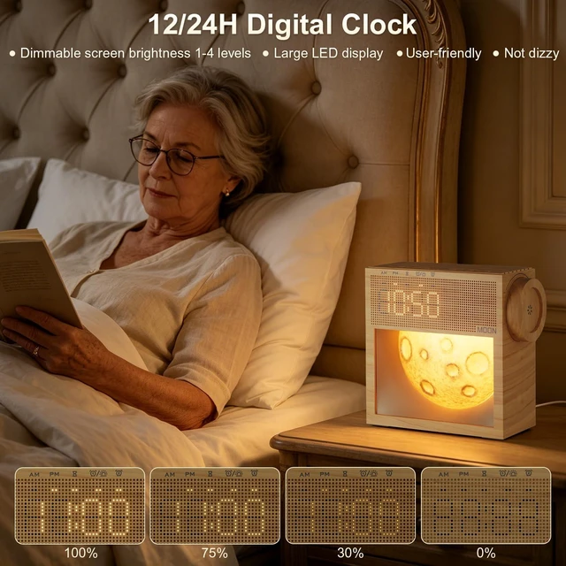 Alt view image 6 of 7 - Sunrise Alarm Clock, White Noise Sound Machine, Bedroom Dimmable Moon Lamp | 20 Soothing Sounds, Snooze, Plug in Dual Alarms Digital Clock with Gentle