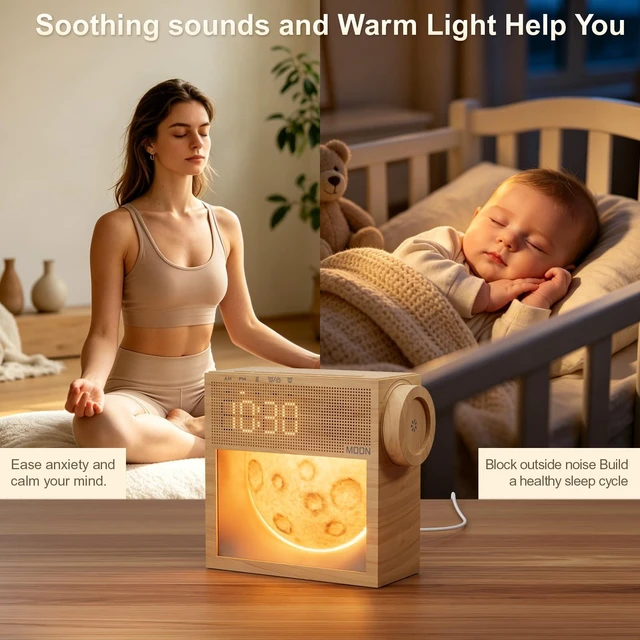 Alt view image 7 of 7 - Sunrise Alarm Clock, White Noise Sound Machine, Bedroom Dimmable Moon Lamp | 20 Soothing Sounds, Snooze, Plug in Dual Alarms Digital Clock with Gentle