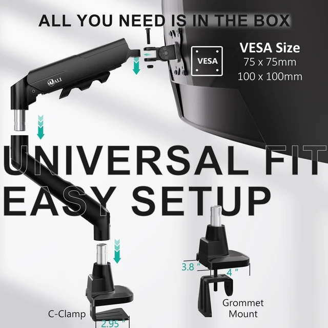 Alt view image 7 of 7 - Ultrawide Single Monitor Arm for 17-49 inch Curved Screen, up to 33lbs | Heavy Duty Monitor Desk Mount, Full Motion with Tilt, Swivel, Rotation, C-Clamp/Grommet Base, VESA 75/100mm (GSM001XLN),Black