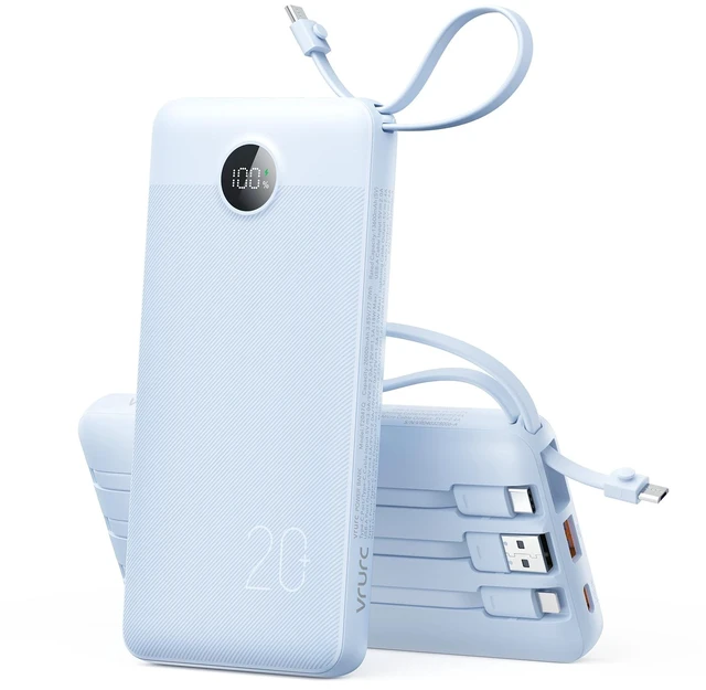 Main image of Portable Charger 4-Built-in-Cable 20000mAh Power Bank Fast Charging | Battery Protection,Flight-Approved,USB-C Cable,22.5W PD,Slim,Travel Essentials,Battery Pack for iPhone,iPad,Galaxy,Sky-Blue
