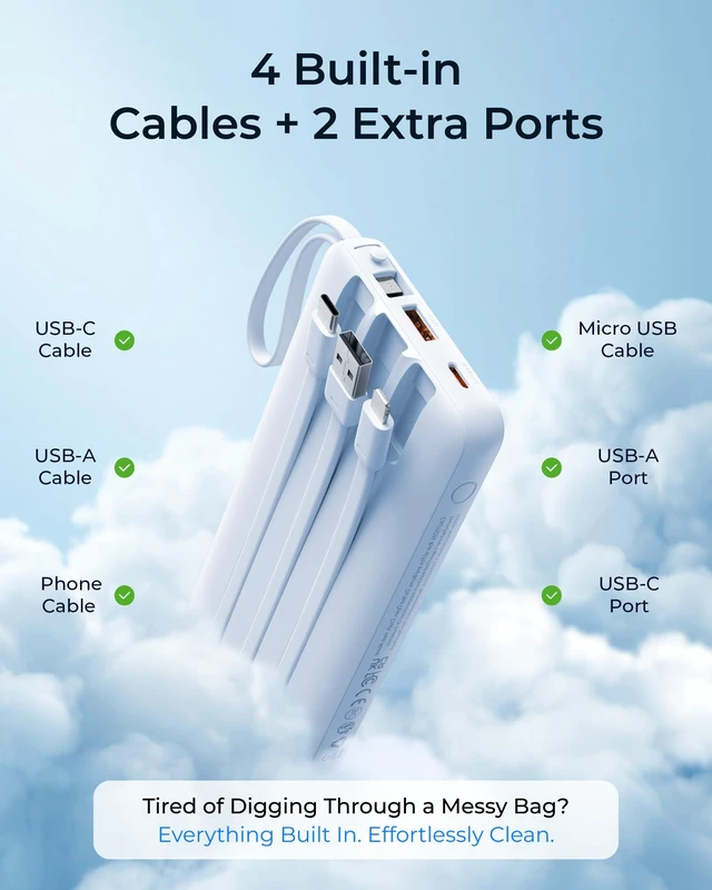 Alt view image 4 of 7 - Portable Charger 4-Built-in-Cable 20000mAh Power Bank Fast Charging | Battery Protection,Flight-Approved,USB-C Cable,22.5W PD,Slim,Travel Essentials,Battery Pack for iPhone,iPad,Galaxy,Sky-Blue