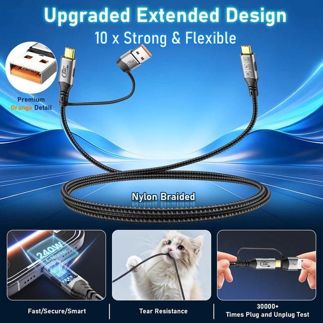 Alt view image 3 of 7 - MOPOCHG 2-in-1 USB-C Cable 16FT, 20Gbps 100W Charging 8K Video for iPhone | 10Gbps USB A to USB C Data Cable 3.1/3.0, USB-C to C 3.2 Gen 2x2 20Gbps Monitor Video Cable for iPhone, Samsung