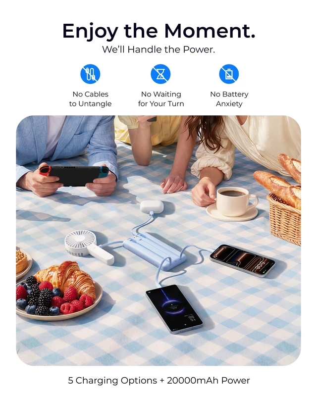 Alt view image 6 of 7 - Portable Charger 4-Built-in-Cable 20000mAh Power Bank Fast Charging | Battery Protection,Flight-Approved,USB-C Cable,22.5W PD,Slim,Travel Essentials,Battery Pack for iPhone,iPad,Galaxy,Sky-Blue