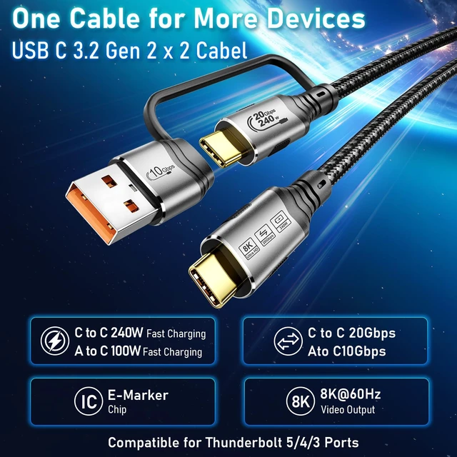 Alt view image 2 of 7 - MOPOCHG 2-in-1 USB-C Cable 16FT, 20Gbps 100W Charging 8K Video for iPhone | 10Gbps USB A to USB C Data Cable 3.1/3.0, USB-C to C 3.2 Gen 2x2 20Gbps Monitor Video Cable for iPhone, Samsung