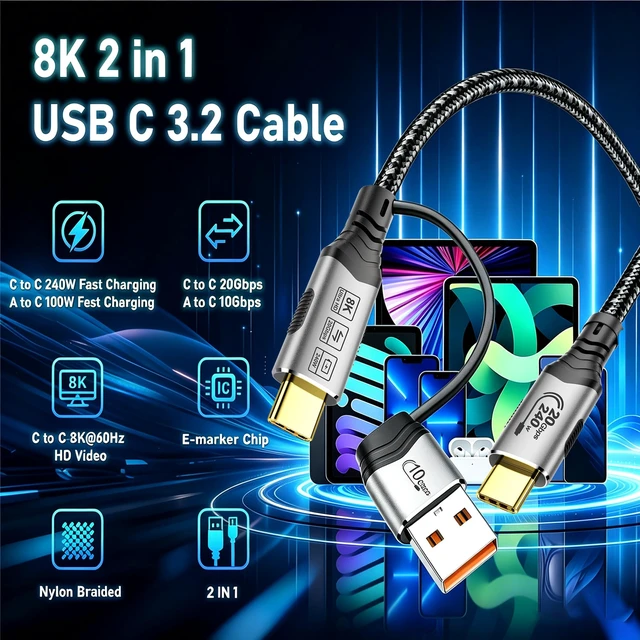 Alt view image 7 of 7 - MOPOCHG 2-in-1 USB-C Cable 16FT, 20Gbps 100W Charging 8K Video for iPhone | 10Gbps USB A to USB C Data Cable 3.1/3.0, USB-C to C 3.2 Gen 2x2 20Gbps Monitor Video Cable for iPhone, Samsung