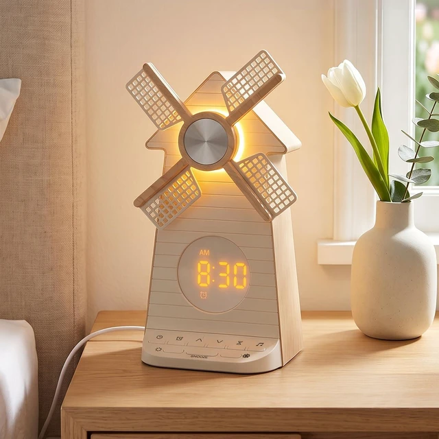Main image of Sunrise Alarm Clock with Rotating Windmill, White Noise Machine for Sleeping with 20 Soothing Sounds, Sound Machine Alarm Clock for Bedrooms Kids Adults, 3-Level Night Light, USB Charger Port