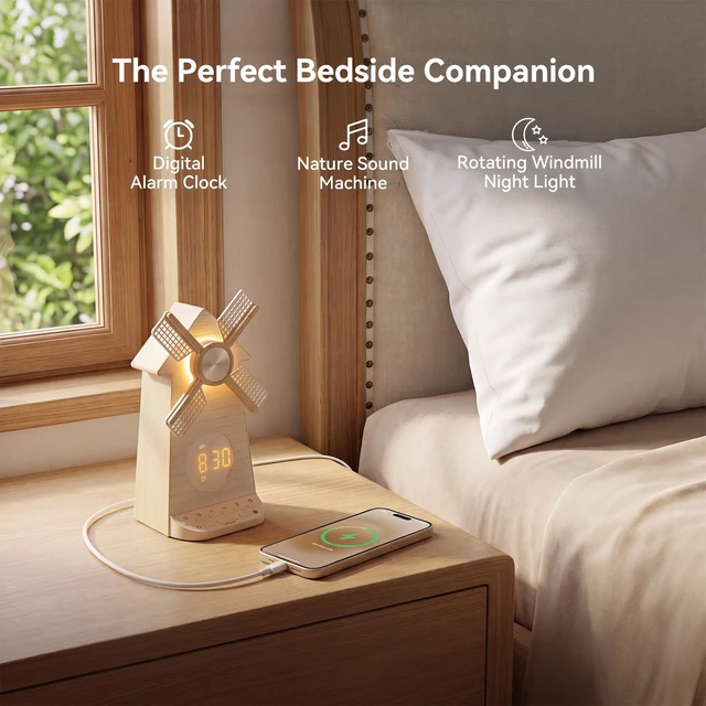 Alt view image 2 of 7 - Sunrise Alarm Clock with Rotating Windmill, White Noise Machine for Sleeping with 20 Soothing Sounds, Sound Machine Alarm Clock for Bedrooms Kids Adults, 3-Level Night Light, USB Charger Port