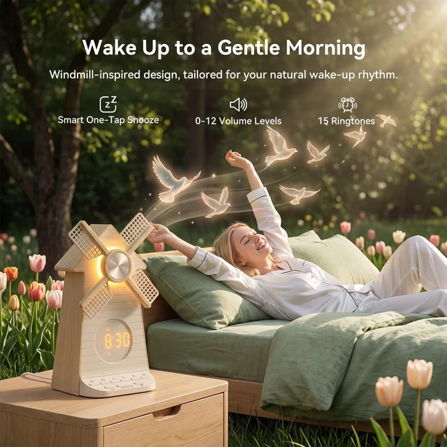 Alt view image 4 of 7 - Sunrise Alarm Clock with Rotating Windmill, White Noise Machine for Sleeping with 20 Soothing Sounds, Sound Machine Alarm Clock for Bedrooms Kids Adults, 3-Level Night Light, USB Charger Port