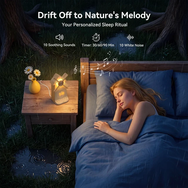 Alt view image 5 of 7 - Sunrise Alarm Clock with Rotating Windmill, White Noise Machine for Sleeping with 20 Soothing Sounds, Sound Machine Alarm Clock for Bedrooms Kids Adults, 3-Level Night Light, USB Charger Port