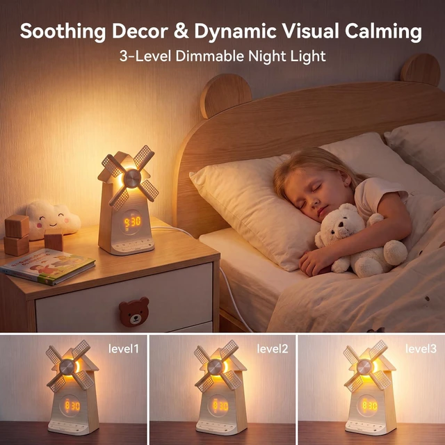 Alt view image 7 of 7 - Sunrise Alarm Clock with Rotating Windmill, White Noise Machine for Sleeping with 20 Soothing Sounds, Sound Machine Alarm Clock for Bedrooms Kids Adults, 3-Level Night Light, USB Charger Port