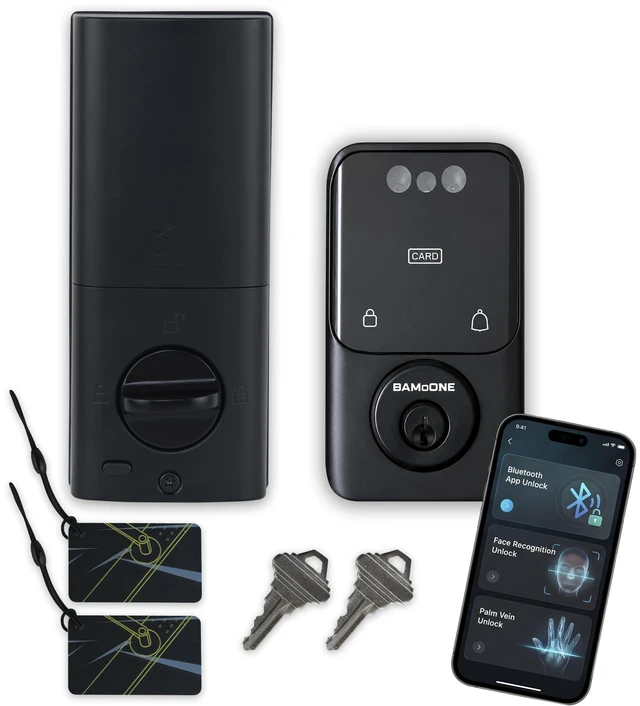 Main image of Bluetooth Deadbolt with Face & Palm Vein Recognition, Matte Black | Keypad Passcode, IC Card, Mechanical Key, Tuya App Control, Auto-Lock, Emergency USB Power