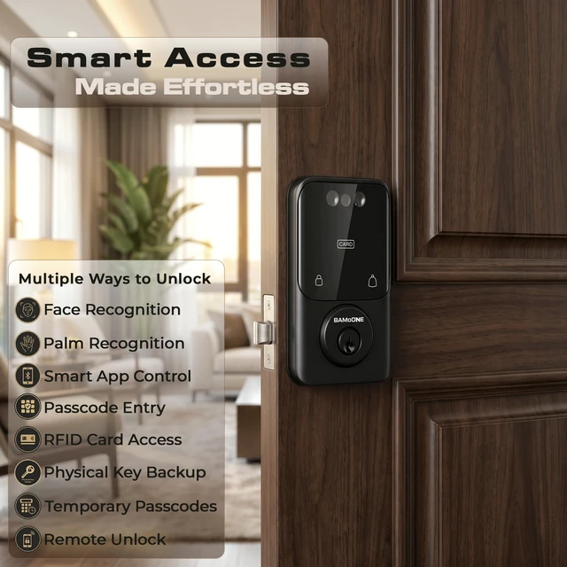 Alt view image 2 of 7 - Bluetooth Deadbolt with Face & Palm Vein Recognition, Matte Black | Keypad Passcode, IC Card, Mechanical Key, Tuya App Control, Auto-Lock, Emergency USB Power