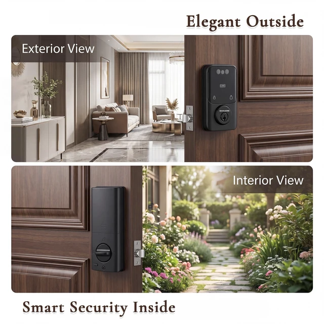 Alt view image 4 of 7 - Bluetooth Deadbolt with Face & Palm Vein Recognition, Matte Black | Keypad Passcode, IC Card, Mechanical Key, Tuya App Control, Auto-Lock, Emergency USB Power