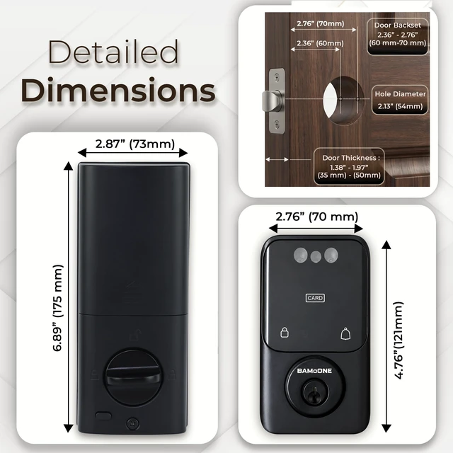 Alt view image 5 of 7 - Bluetooth Deadbolt with Face & Palm Vein Recognition, Matte Black | Keypad Passcode, IC Card, Mechanical Key, Tuya App Control, Auto-Lock, Emergency USB Power