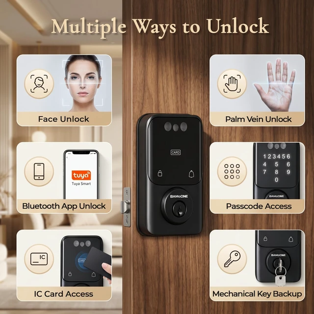 Alt view image 6 of 7 - Bluetooth Deadbolt with Face & Palm Vein Recognition, Matte Black | Keypad Passcode, IC Card, Mechanical Key, Tuya App Control, Auto-Lock, Emergency USB Power