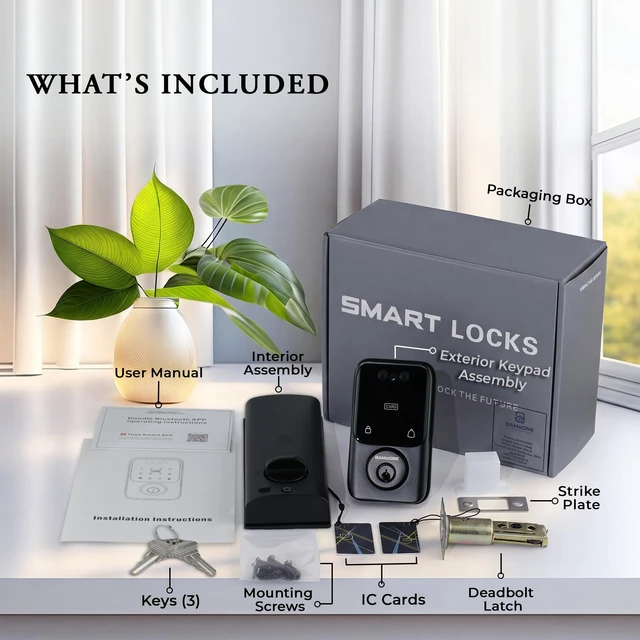 Alt view image 7 of 7 - Bluetooth Deadbolt with Face & Palm Vein Recognition, Matte Black | Keypad Passcode, IC Card, Mechanical Key, Tuya App Control, Auto-Lock, Emergency USB Power