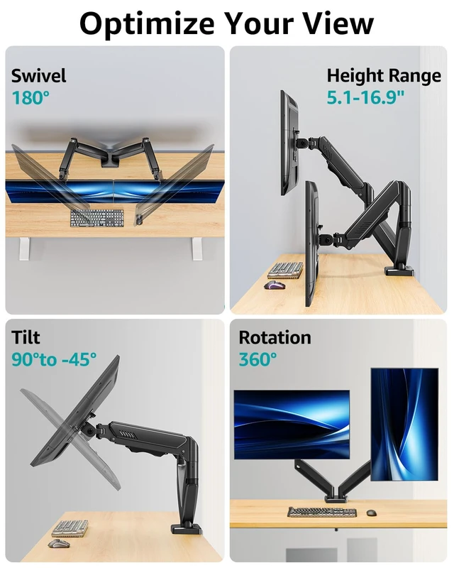 Alt view image 3 of 7 - Dual Monitor Arm Desk Mount Fits Max 32 inch Screens, Holds 4.4 to 19.8lbs | Display VESA Mount, Adjustable Double Monitor Stand with Clamp/Grommet Base, 75x75/100x100mm VESA Bracket, Black, Freelift