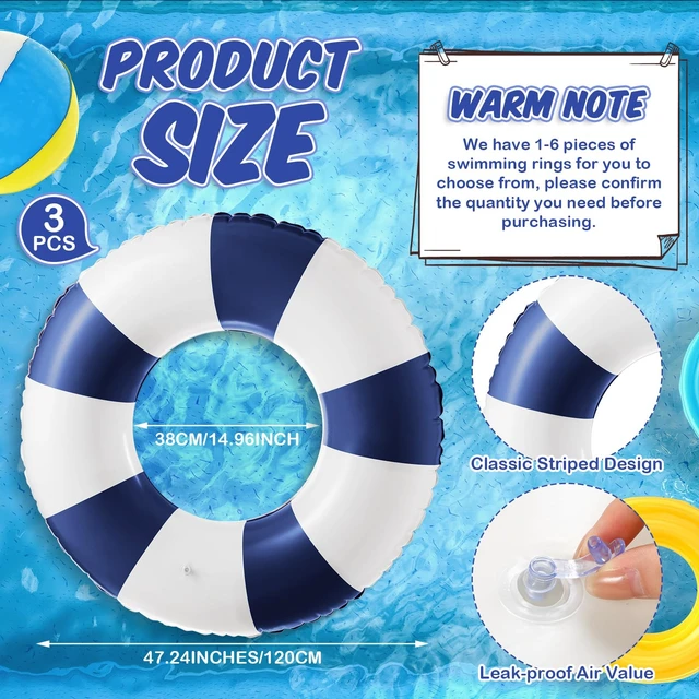 Alt view image 2 of 7 - 3 Pcs Jumbo Inflatable Striped Pool Float Tubes Pool Ring 47 Inch | 3 Pcs Classic Stripe Style, Quality PVC Material, Substantial Size, Versatile for Pool, Beach Party, Summer, Swim Outdoor Fun