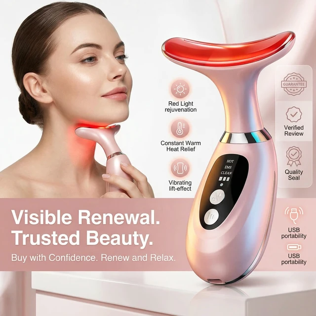 Alt view image 3 of 7 - 7-Color LED Light Facial Massager Set, Face and Neck Massager with Heat & Vibration for Toning, Glow Boost, and Fine Line Reduction, Rechargeable Beauty Device Gifts for Women and Men