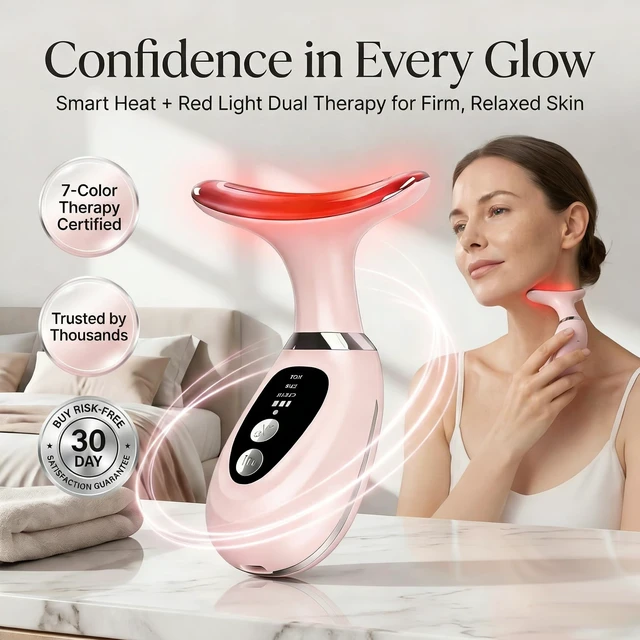Alt view image 4 of 7 - 7-Color LED Light Facial Massager Set, Face and Neck Massager with Heat & Vibration for Toning, Glow Boost, and Fine Line Reduction, Rechargeable Beauty Device Gifts for Women and Men