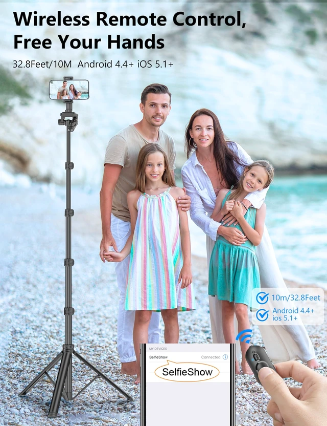 Alt view image 4 of 7 - 72" Phone Tripod & Selfie Stick, Extendable Cell Phone Tripod Stand with Detachable Remote&Phone Holder, Aluminum Tripods Compatible with iPhone/Android/Camera