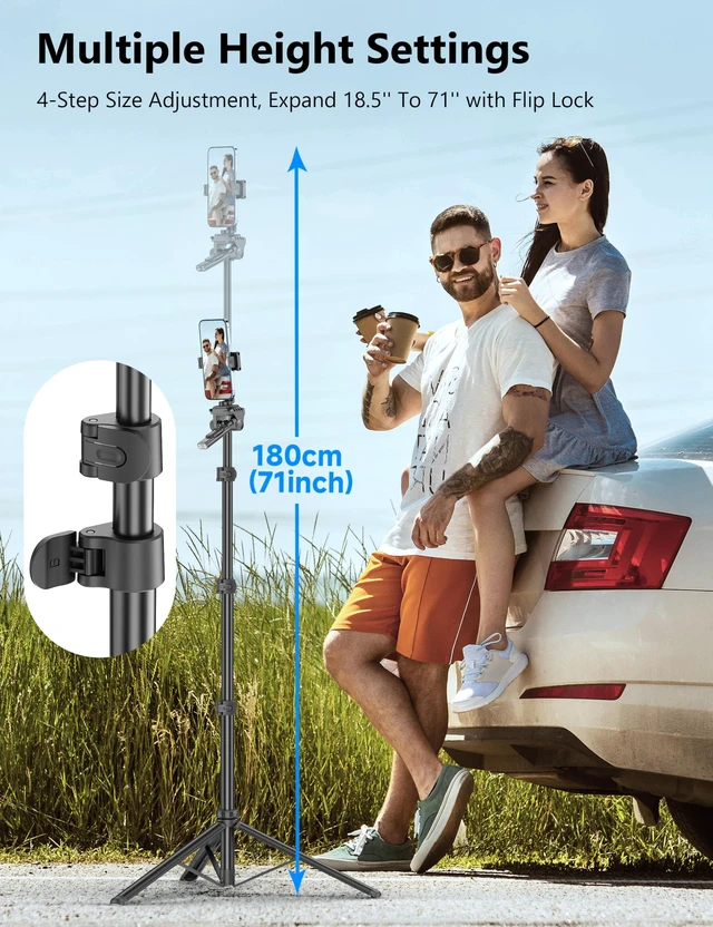 Alt view image 3 of 7 - 72" Phone Tripod & Selfie Stick, Extendable Cell Phone Tripod Stand with Detachable Remote&Phone Holder, Aluminum Tripods Compatible with iPhone/Android/Camera