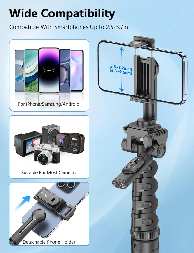 Alt view image 6 of 7 - 72" Phone Tripod & Selfie Stick, Extendable Cell Phone Tripod Stand with Detachable Remote&Phone Holder, Aluminum Tripods Compatible with iPhone/Android/Camera