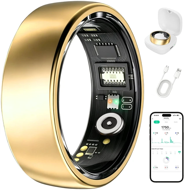 Main image of Smart Ring Health Tracker for Women & Men, Stress & Sleep Monitor, Heart Rate & Step Tracker, No Subscription Required, iOS/Android Compatible (Gold, 8)